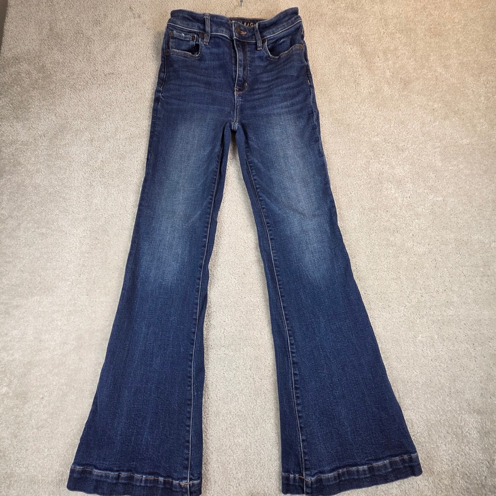 American Eagle Super Hi-Rise Flare Jeans Dark Wash Stretch Size 2 Regular